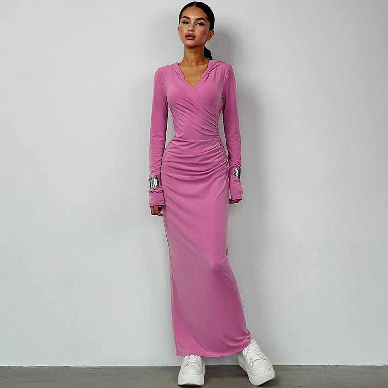 Hugcitar Solid Hoodies V Neck Long Sleeve Draped Sexy Slim Maxi Dress 2023 Winter Women Fashion Y2K Outfits Streetwear Party