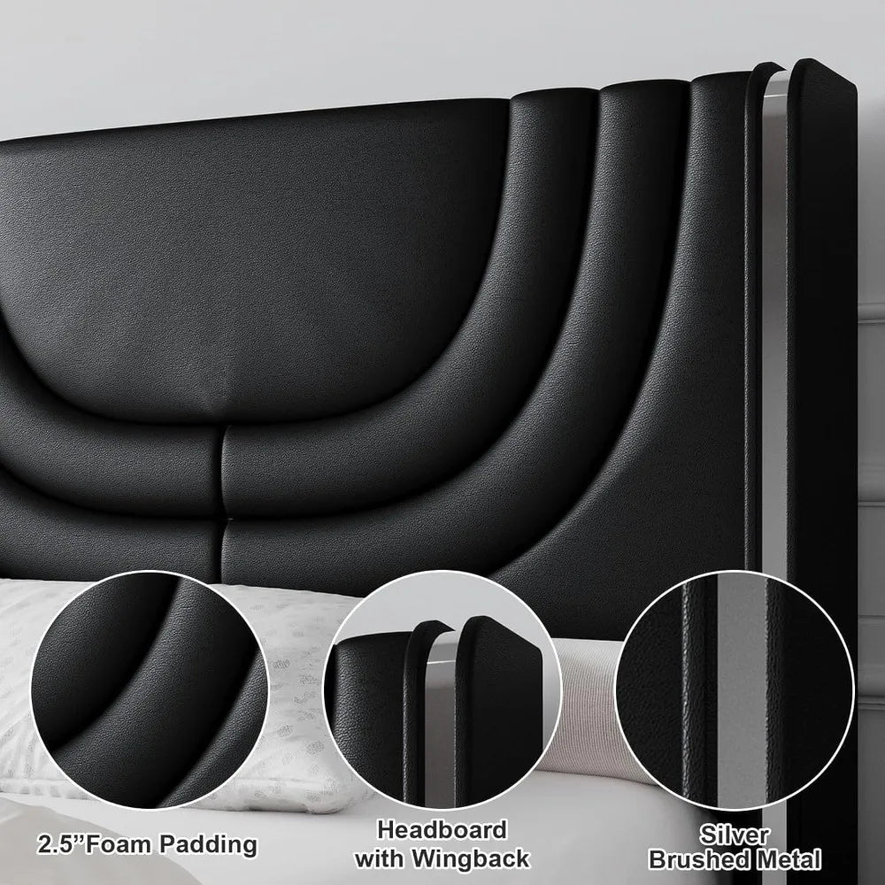 Queen Bed Frame with LED Lights, Faux Leather Upholstered Platform with Silver Wingback Headboard, Modern Style