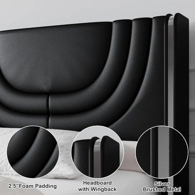 Queen Bed Frame with LED Lights, Faux Leather Upholstered Platform with Silver Wingback Headboard, Modern Style