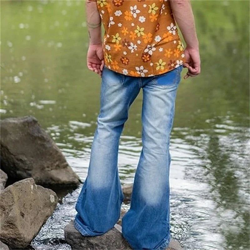 Men's Punk Style Splicing Pocket Embroidery Large Flared Jeans Male Vintage Four Seasons Blue Trousers Street Casual Denim Pants
