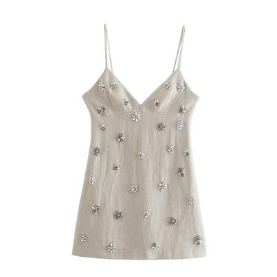 Nlzgmsj  2024 Women Chic Fashion Sleeveless Lnlay Mini Dress Vintage Thin Straps Summer Female Dresses Vestidos Mujer