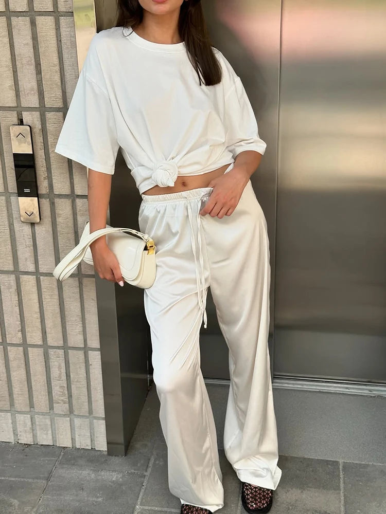 JULISSA MO Satin High Waist Lace Up Women Trousers Pink Casual Basic Elastic Waist Drawstring Pant Lady Loose Elegant Streetwear