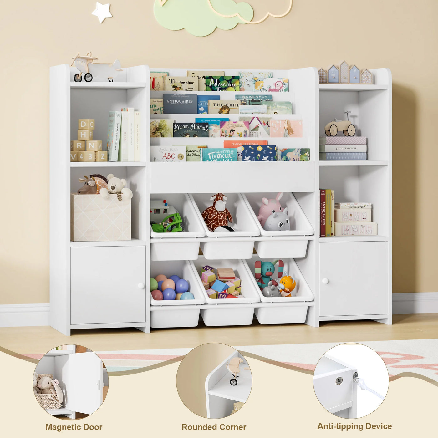 Children's shelf CHILDREN'S room furniture toys chest bookcase CHILDREN'S wardrobe with 6 boxing 4 bookshelves 8 shelves 119x29.5x94cm