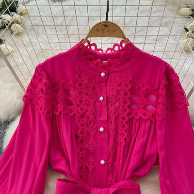 Elegant Long Maxi Hollow Out Dress Shirt Women Summer Autumn Palace Retro Pearl Button Embroidery Crochet Evening Party Vestidos
