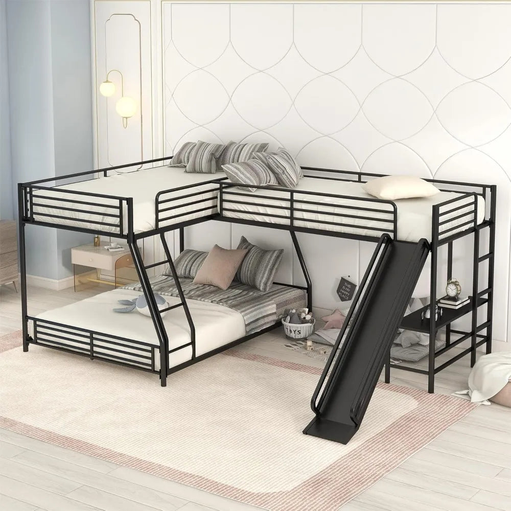 SOFTSEA Twin Over Full Bunk Bed with Twin Loft Bed, Heavy Duty L-Shaped Triple Metal Bunk Bed Frame with Desk and Slide for 3 Pe