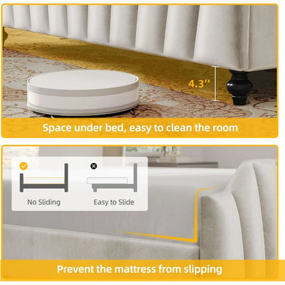 Queen Size Platform Bed Frame with 60" Tall Wingback Headboard and Footboard, Velvet Upholstered Bed with LED Light,Bed Frame