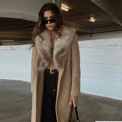 Elegant Fur Lapel Long Coat Women With Belt Woolen Full Sleeve Lace Up Loose Thicken Overcoat 2025 Spring Solid Pocket Outwear