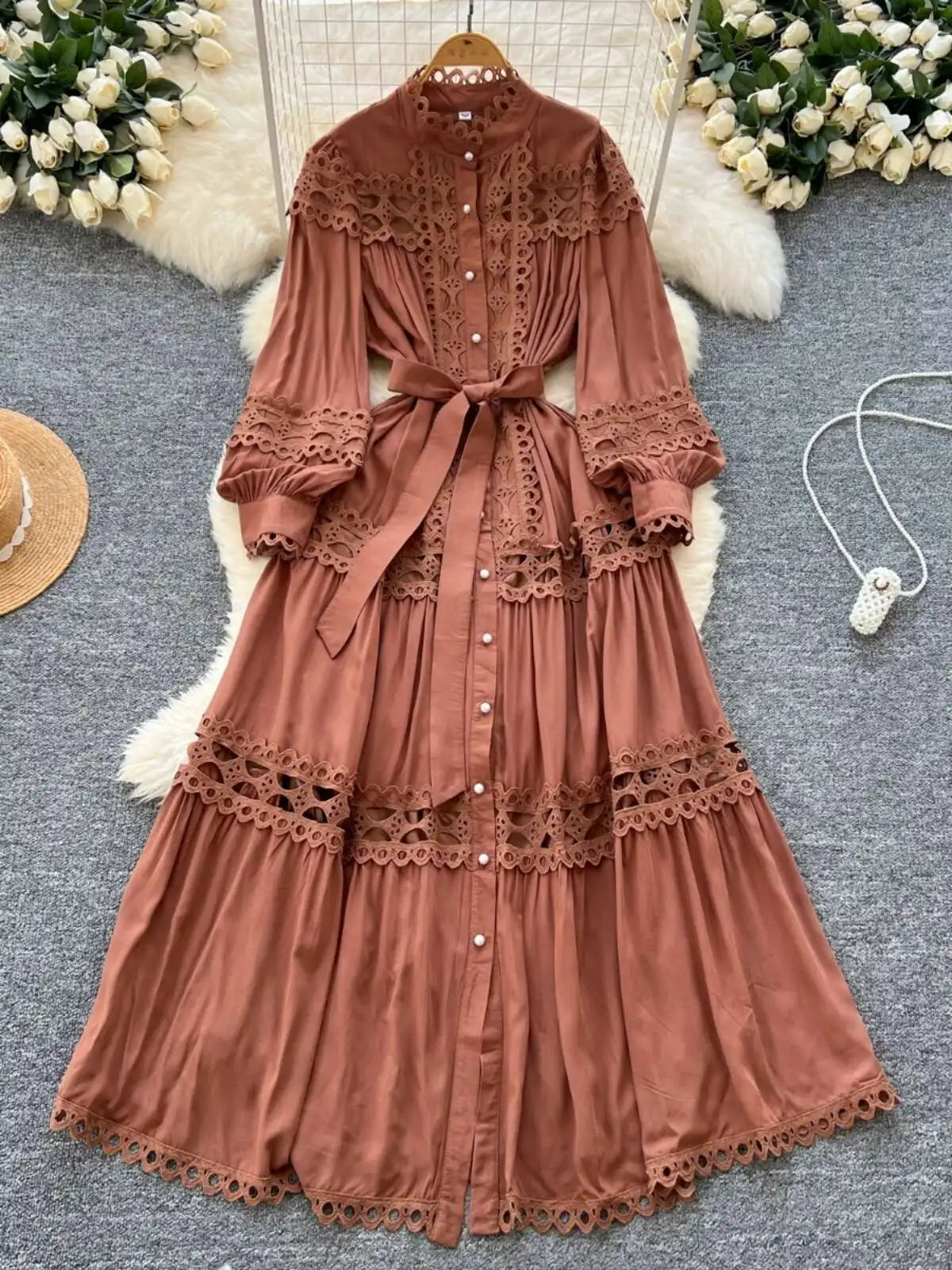 Elegant Long Maxi Hollow Out Dress Shirt Women Summer Autumn Palace Retro Pearl Button Embroidery Crochet Evening Party Vestidos