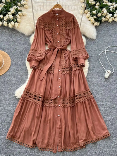 Elegant Long Maxi Hollow Out Dress Shirt Women Summer Autumn Palace Retro Pearl Button Embroidery Crochet Evening Party Vestidos