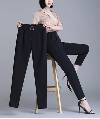 Elegant High Waist Elastic Harem Pants for Women Commuter Casual Capri Pants Fashion Solid Color Pockets Sashes Trousers 4XL