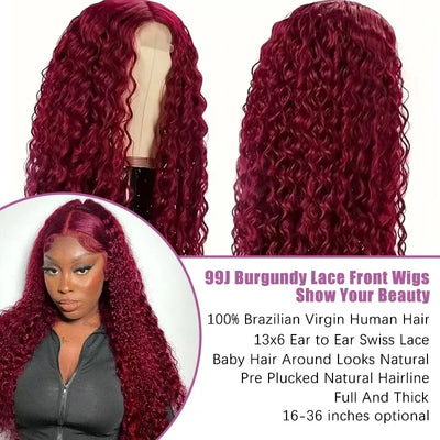Curly 99J Burgundy 30 Inch Deep Wave 13x4 Lace Front Wig Wet And Wavy Red Colored wigs HD Lace Frontal 100% Human Hair Wigs