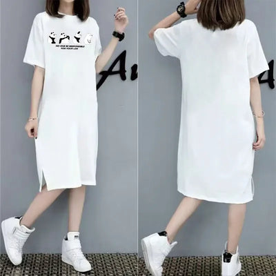 Childlike and cute four panda print short-sleeved dress for women summer and autumn new oversized loose round neck home dress