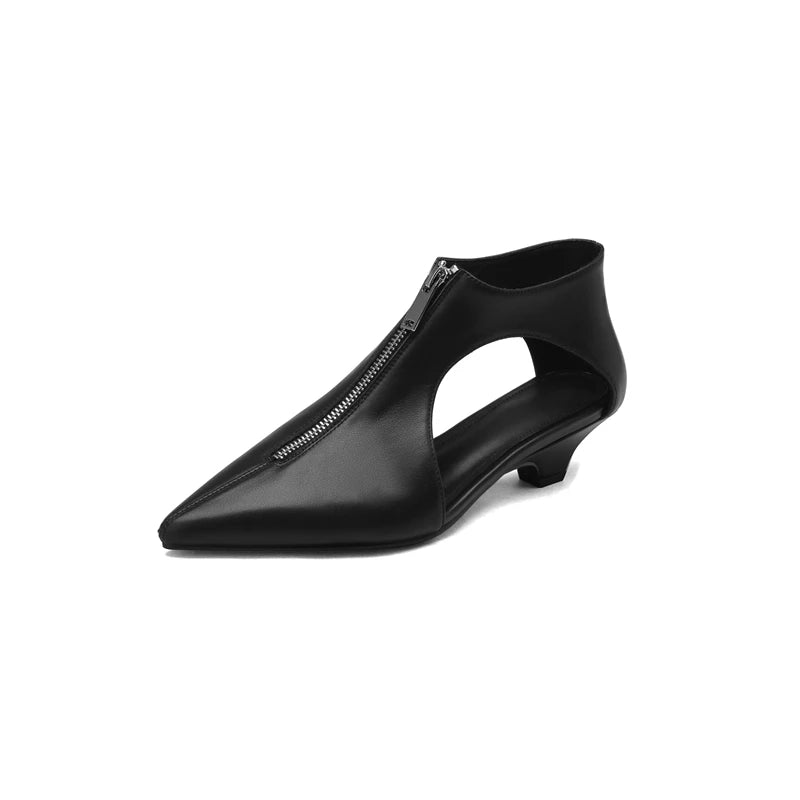 Kaky's new pointed hollow mesh oversized high New Pointed Zipper Cowhide Mid Heel Hollow out Women's Single Shoe High Top Shoes