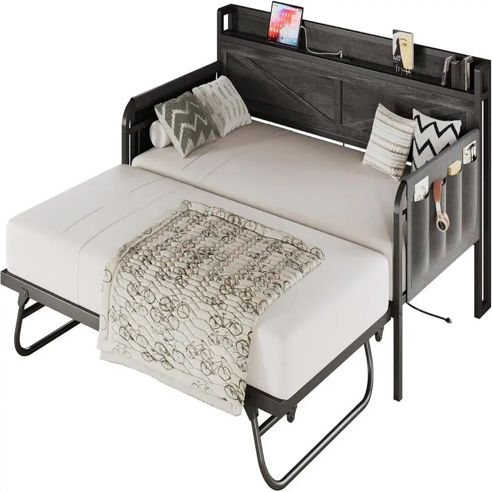 LIKIMIO Twin Daybed with Trundle Bed, Storage Headboard with Charging USB Station, Sofa Day Bed with Strong Supports for Bedroom