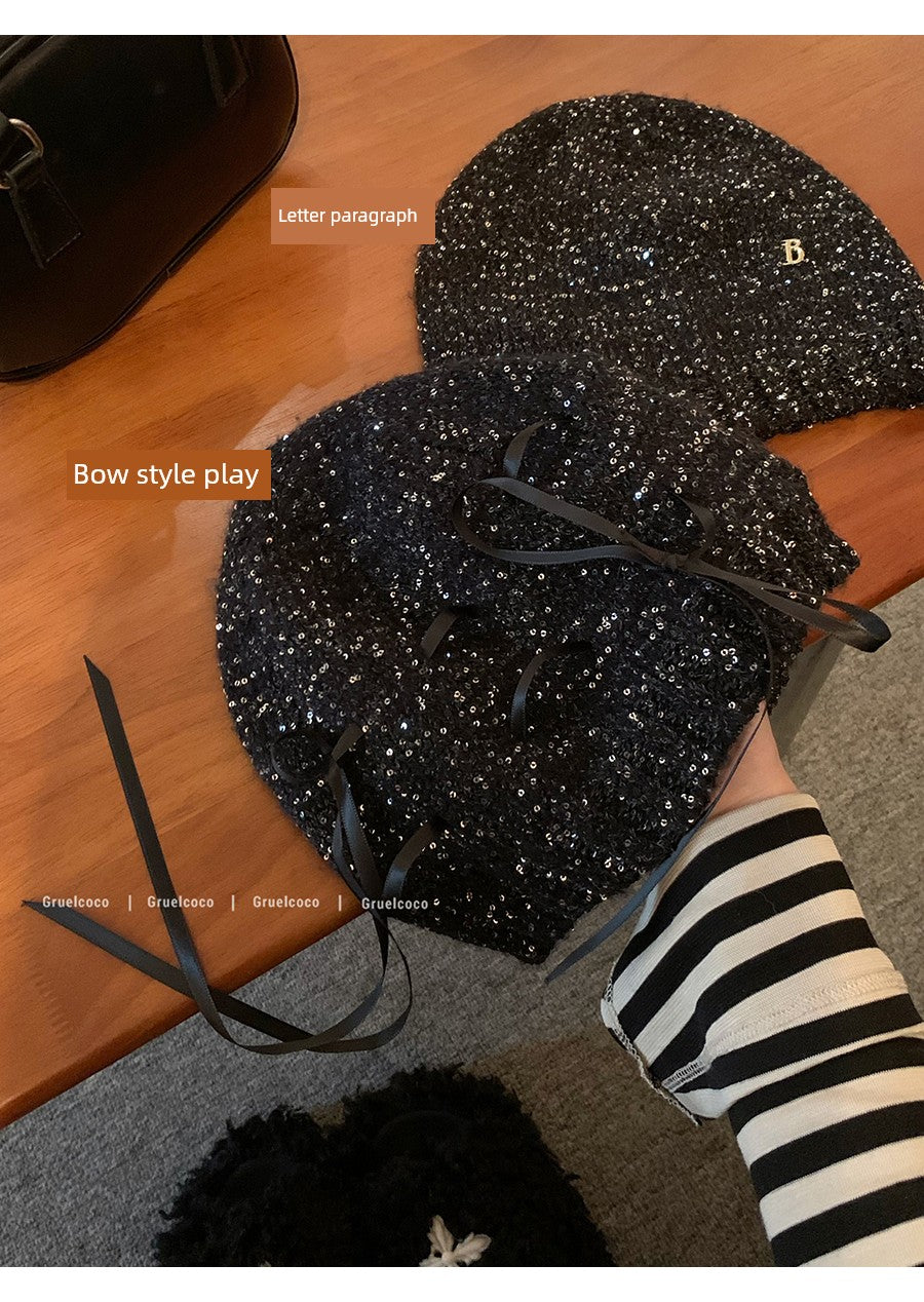 Zhao Lusi Same Style ~ Homemade Bows Sequin Knitted Cold Cap Female Y2g Sexy Wind Show Face Small Toe Cap Pile Heap Cap