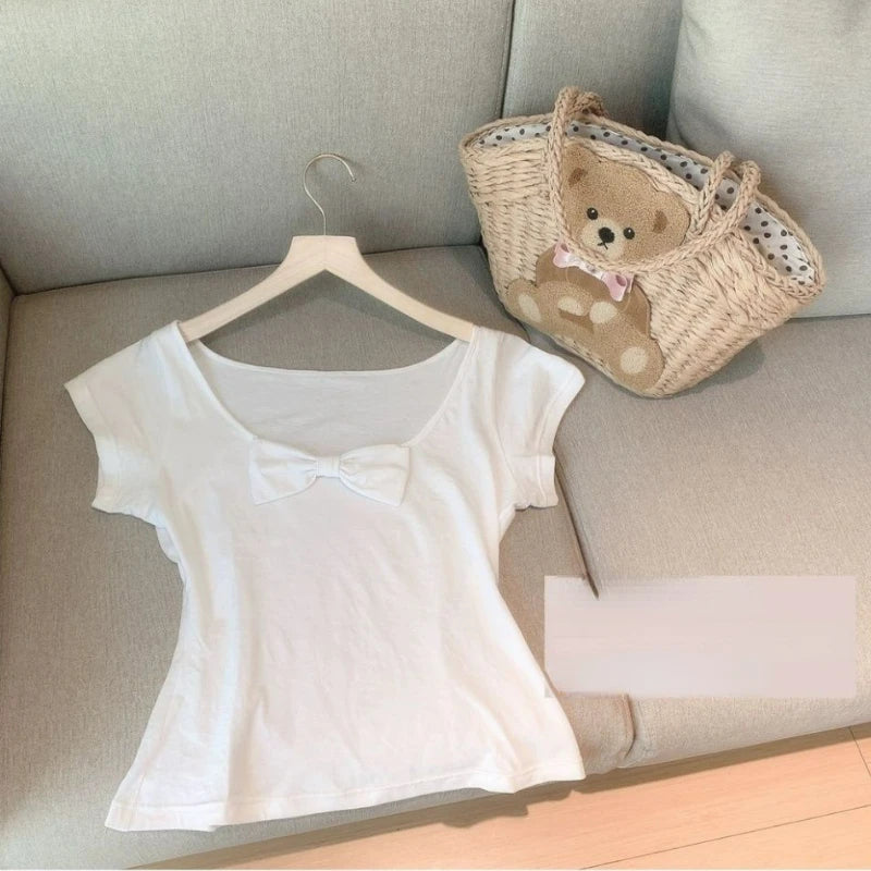 Pink Cotton T-Shirt Women Summer Cute Bowknot Tops Tee Sweet Girls Solid Casual Slim Fashion TShirt Kawaii Clothes Y2k Aesthetic