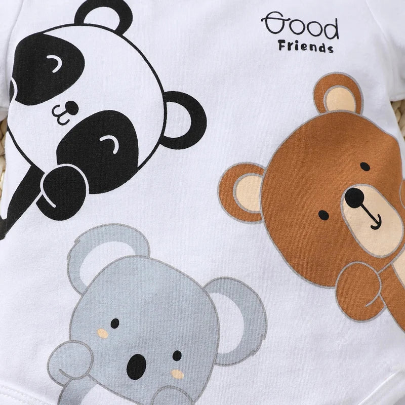 2PCS Short Sleeved Jumpsuit+Hat for Newborn Baby Boys and Girls 0-9 Months Cute Animals White Romper Bodysuits Onesie for Summer