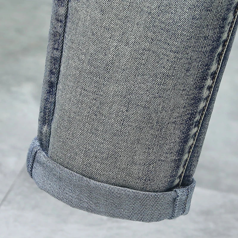 Retro Men's Jeans Slim Elastic Spliced zipper Skinny Pencil Trousers Harajuku Hip-hop Rock Motorcycle Denim Pants Streetwear