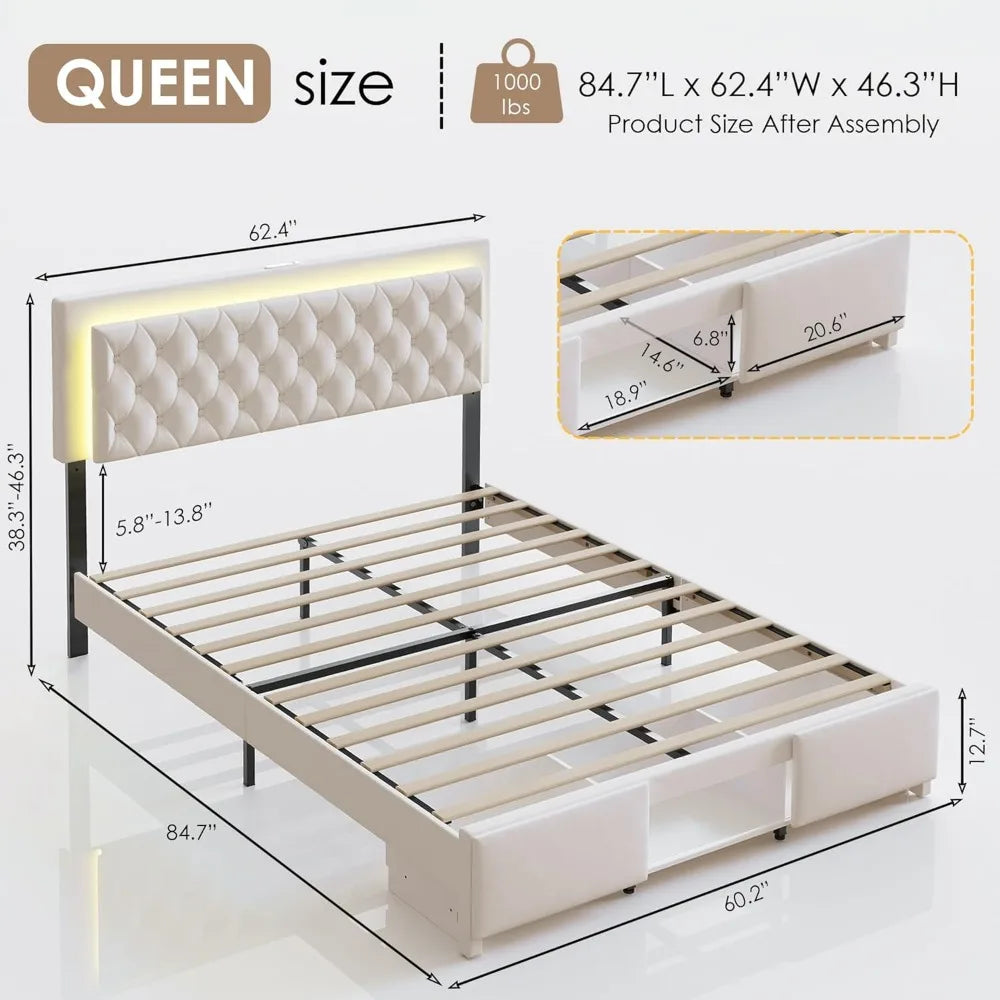 Queen Size Bed Frame with Storage, LED Bed Frame Queen with Adjustable Headboard, Upholstered Velvet Platform Queen Bed Frames