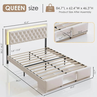 Queen Size Bed Frame with Storage, LED Bed Frame Queen with Adjustable Headboard, Upholstered Velvet Platform Queen Bed Frames