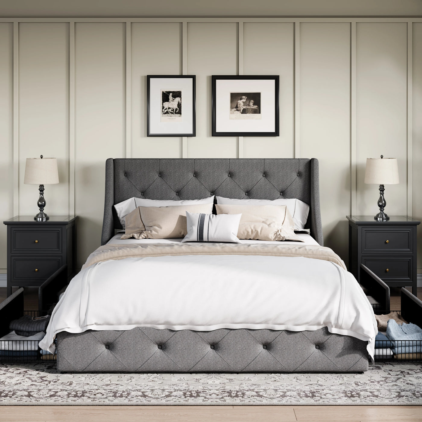 HOOMIC Upholstered Platform Bed Frame with 4 Storage Drawers and Wingback Headboard, Button-Tufted Design, Easy Assembly,
