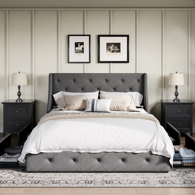 HOOMIC Upholstered Platform Bed Frame with 4 Storage Drawers and Wingback Headboard, Button-Tufted Design, Easy Assembly,