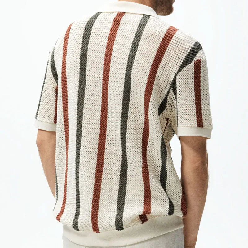 Men's Sexy See-through Knit Shirt Breathable Hollow Striped Shirt Summer New Men's Thin Coat Men's Clothing Hawaiian Shirt Tops
