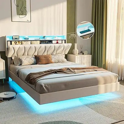 Maupvit Queen Size Floating Bed Frame with Storage Headboard, Queen Bed Frame with LED Lights, Charging Station, Upholstered Pla