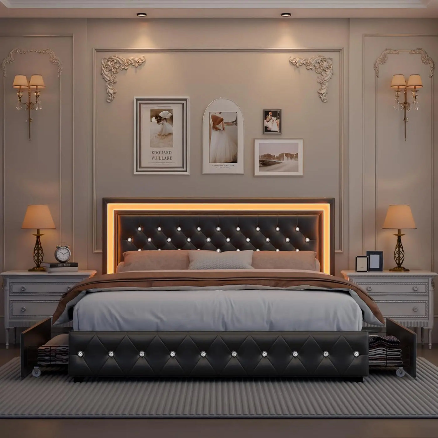 Queen LED Bed Frame, Upholstered Bed with 4 Drawers, Adjustable Upholstered Headboard Diamond Bed Frame, No Box Spring Needed