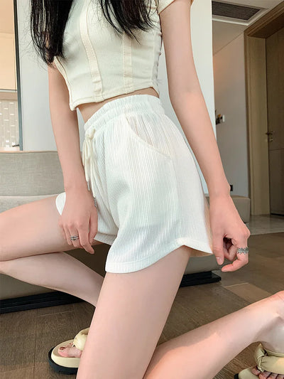 Women's Waffle Shorts sports shorts summer new Korean loose high waist wide leg pants wear women's clothing