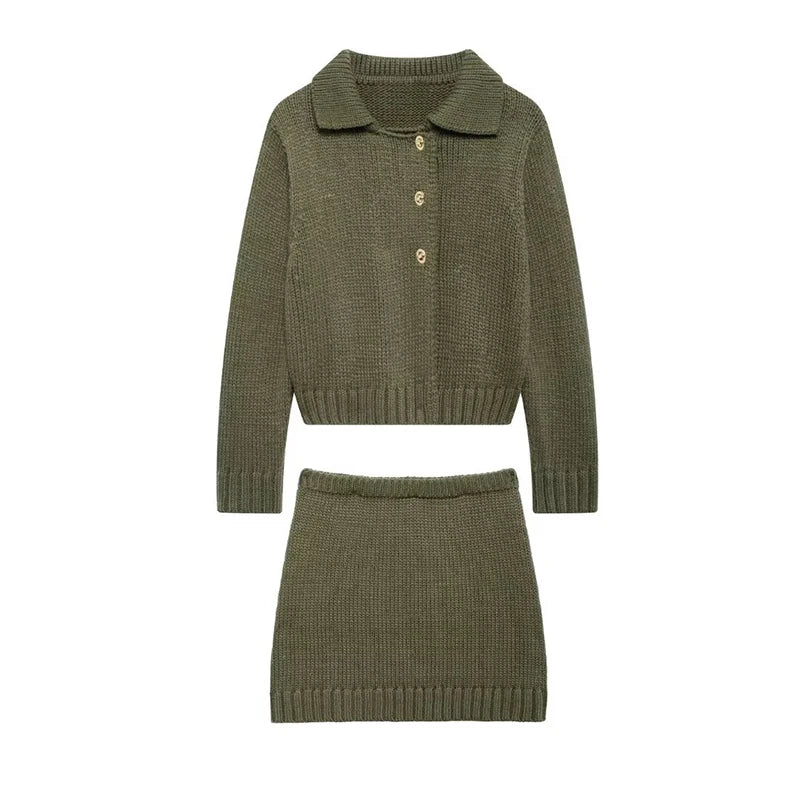 Fashion Knitted Cardigan Mini Skirt Sets Women Greenl Long Sleeve Single-breasted Sweater 2 Piece Set Lady All-matching Outfit