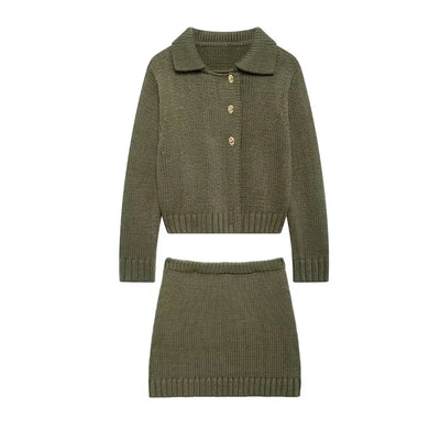 Fashion Knitted Cardigan Mini Skirt Sets Women Greenl Long Sleeve Single-breasted Sweater 2 Piece Set Lady All-matching Outfit
