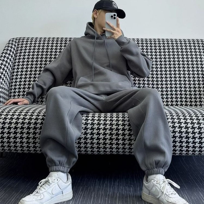 Hooded Sweatshirt Men's Autumn Winter Velvet Two-piece Set American Oversize Loose Casual Sweatpants Suit Aesthetic Streetwear