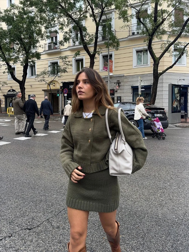 Fashion Knitted Cardigan Mini Skirt Sets Women Greenl Long Sleeve Single-breasted Sweater 2 Piece Set Lady All-matching Outfit