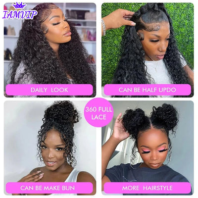 Water Wave 250% Density Invisi Strap 360 Full Lace Frontal Wig 30 inch Black Human Hair Drawstring Snug Kinky Curly Preplucked