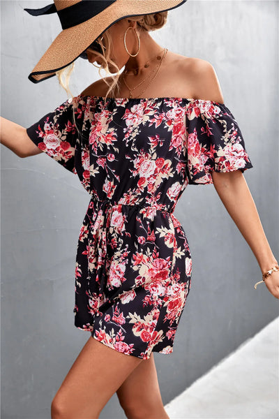 Summer Woman Playsuits Flowers Printed Sexy Off Shoulder Slim Romper Jumpsuit Women Short Sleeve Holiday Beach Playsuit