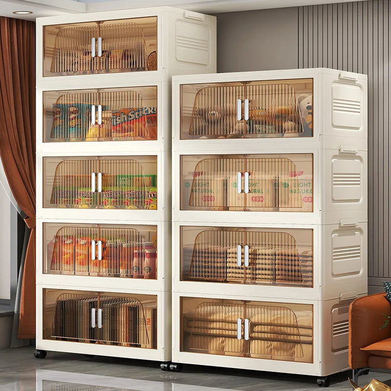 Foldable Storage Box with Clear Door Large Capacity Plastic Storage Bin Living Room Stackable Sundries Storage Box with Wheels