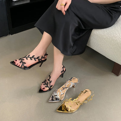 2025 Summer Ladies High Heels Fashion Pointed Leaf Gold Silver High Heel Sandals Women Party Wedding Shoes