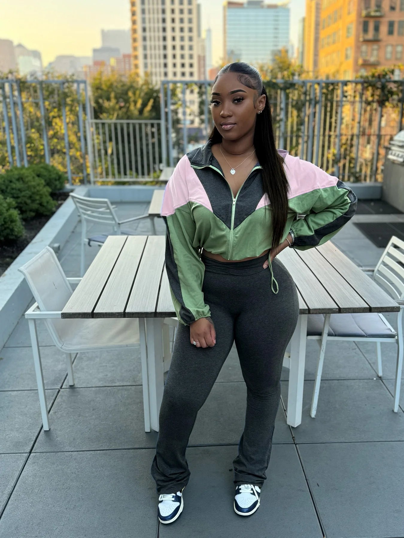 FAGADOER Color Block Street 2 Piece Set Outfit Casual Zip Drawstring Crop Top + High Waist Flare Pants Suit Autumn New Activwear