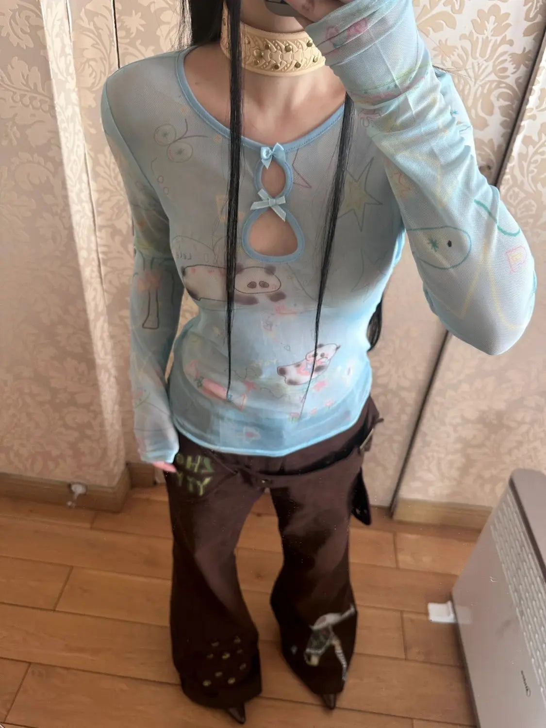 Yedinas Y2k Blue Mesh Tops Long Sleeve T Shirt Women Clothes Slim Spring Tops See Through Sheer Tshirts Grunge Aesthetics Tees