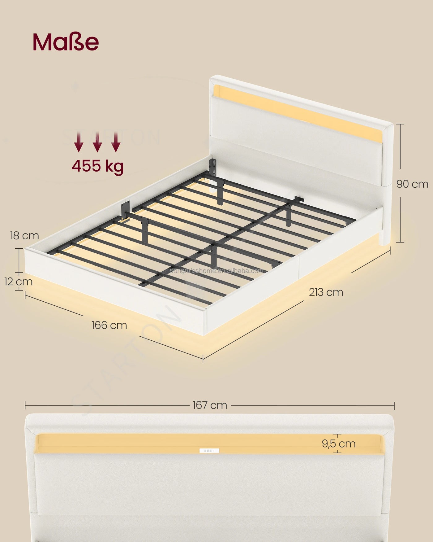 VASAGLE Modern Floating Bed Frame Adjustable LED Lights High Headboard Queen Size Upholstered Bed with Charging Station