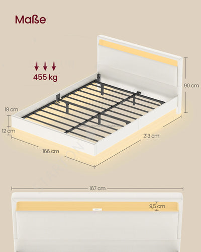VASAGLE Modern Floating Bed Frame Adjustable LED Lights High Headboard Queen Size Upholstered Bed with Charging Station