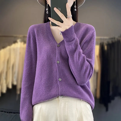 Spring Autumn Women 100% Merino Wool Cardigan Soft V-Neck Cashmere Sweater Buttoned Knitwear Casual Clothing Korean Style Shirt