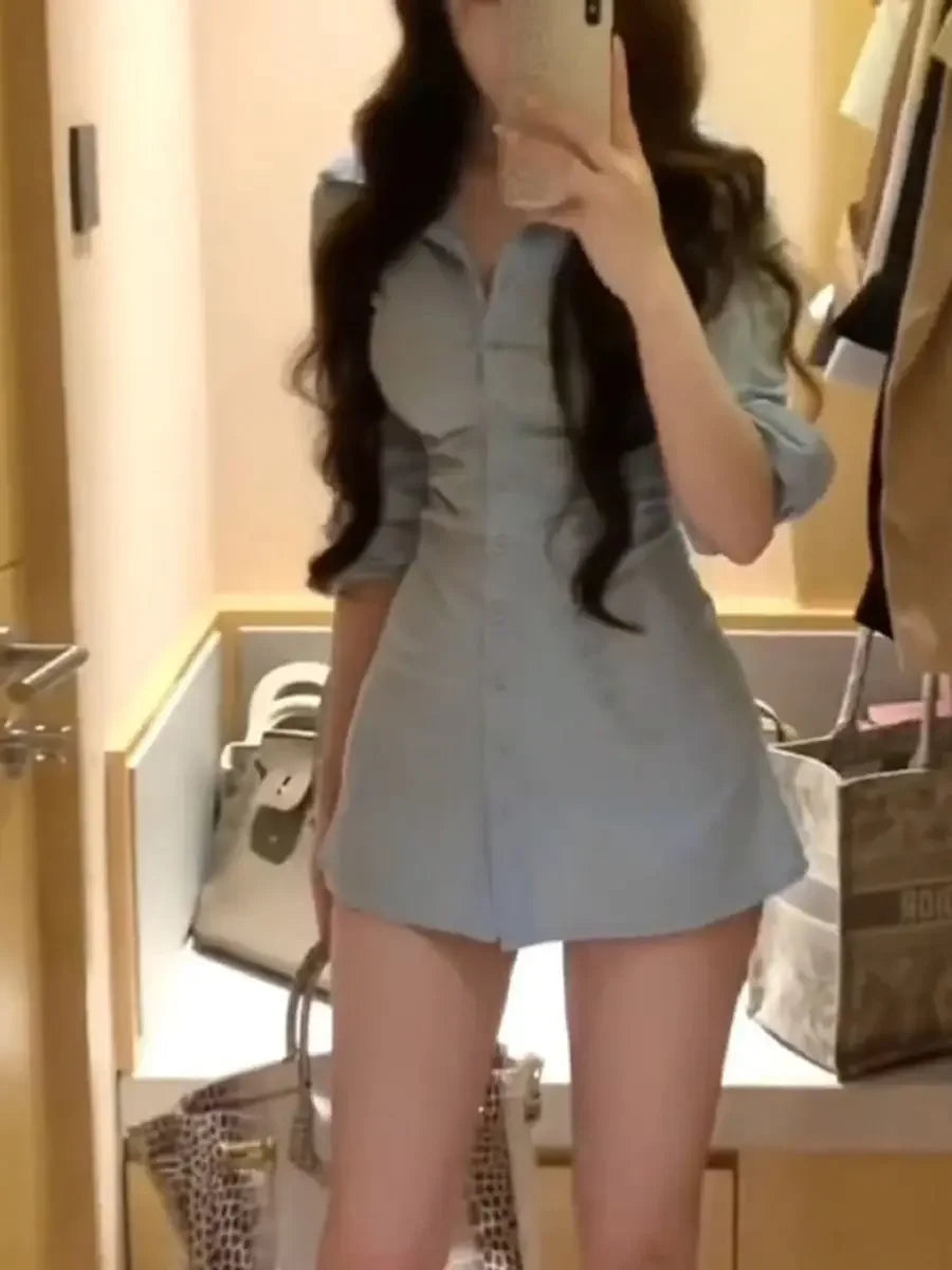 Korean Style Sexy Shirt Dress Women's Waist-Cinching Mini Dress Polo Collar Pleated Design Empire Waistline Fashionable Gown