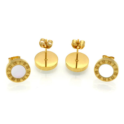 3pcs Trendy Stainless Steel Roman Digital Wafer Earrings Necklace Set for Women Black White Shells Party Jewelry