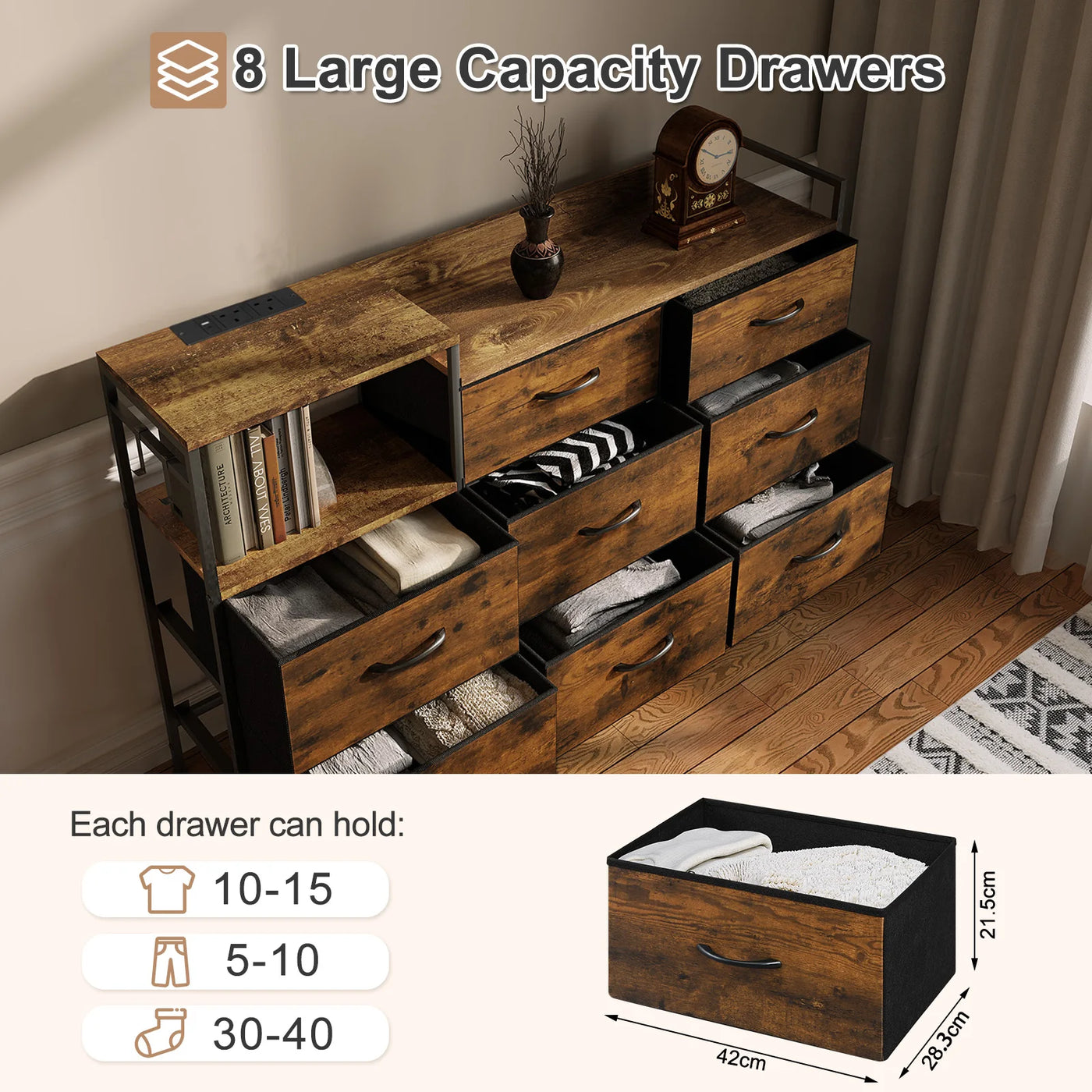 Chest of Drawers with 8 Fabric Drawer Sideboard Storage Cabinet for Kitchen Office with Charging Sockets Steel Frame 132x88x30cm