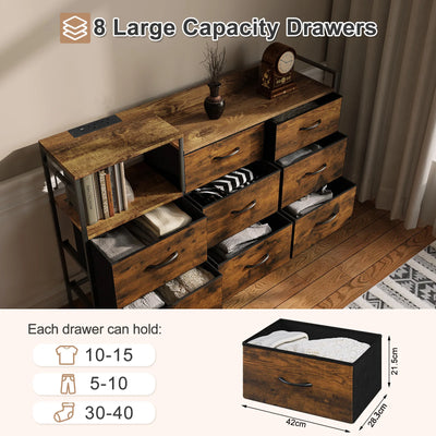 Chest of Drawers with 8 Fabric Drawer Sideboard Storage Cabinet for Kitchen Office with Charging Sockets Steel Frame 132x88x30cm