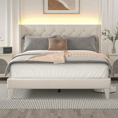 Queen Size Bed Frame with LED Lights, Upholstered Bed Frame with Wingback Diamond Tufted Headboard, Wood Slats Support