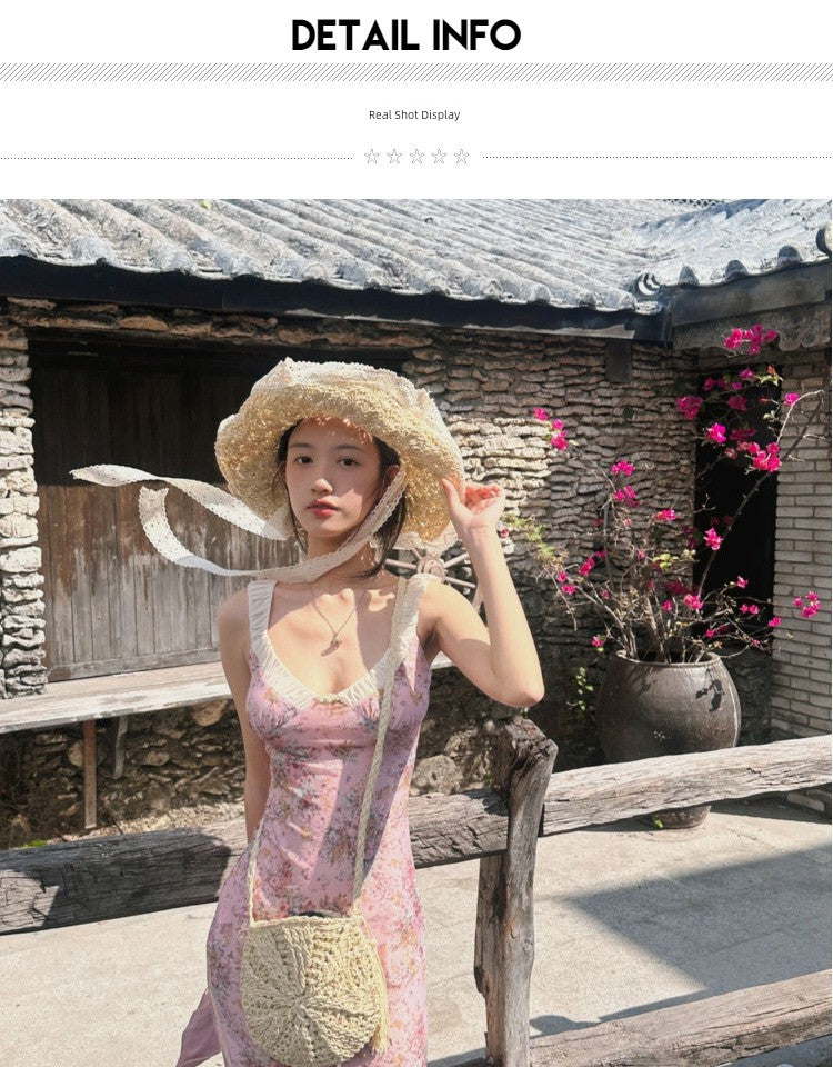 French Floral Strap Dress Women's Summer Tight Waist Long Skirt Beach Skirt Seaside Vacation Skirt