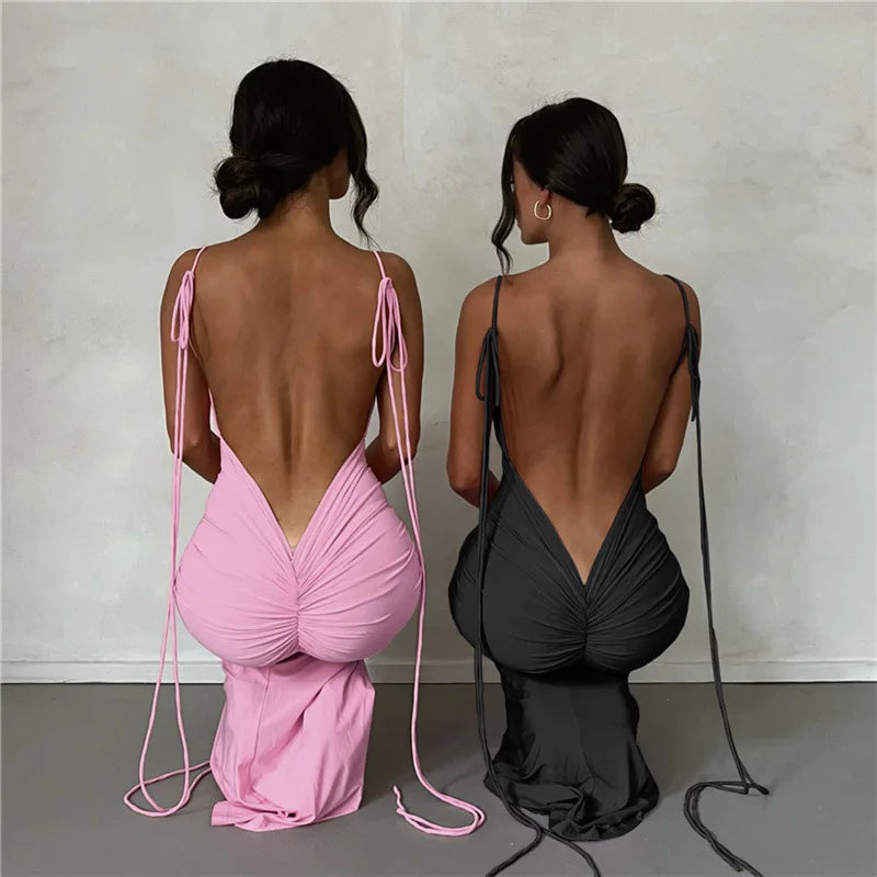 Summer sexy pleated solid color strap with perspective high slit backless sleeveless long skirt
